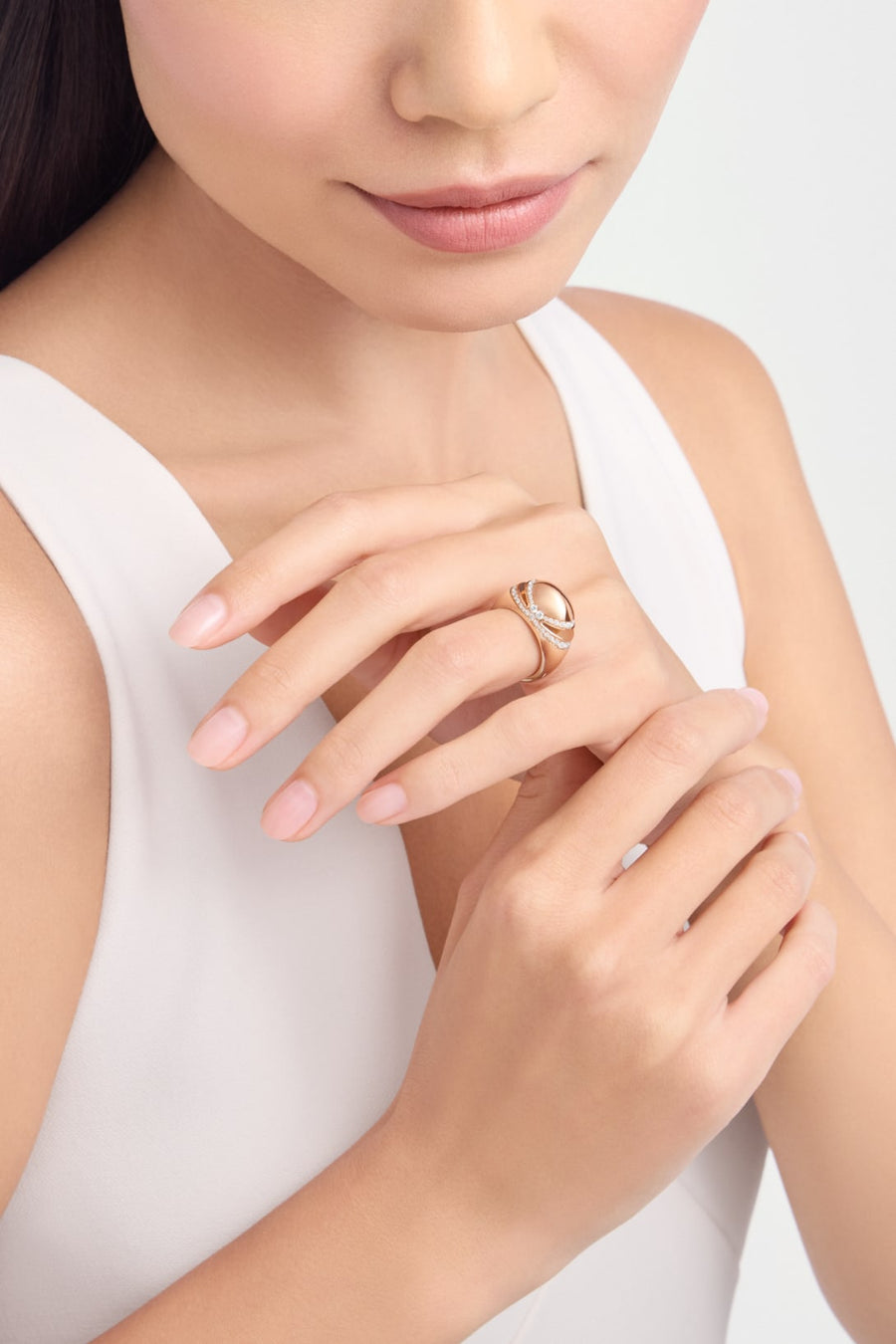 Bob Aura Convex Dome Ring, Moissanite, Pave Set | Yellow & White Gold — real photo 3