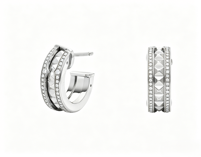 Bob Rollers Gear Hoop Earrings ,Moissanite Pavé Stud | Yellow, Rose & White Gold — real photo 4