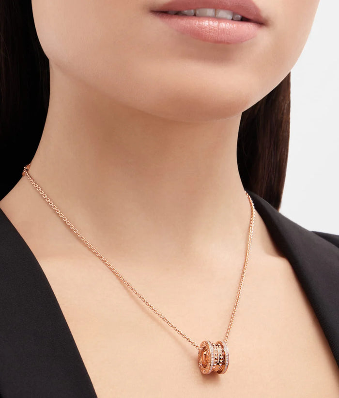 Bob Rollers Gear Necklace,Moissanite Pavé Stud Two-Ring | Yellow, Rose & White Gold — real photo 5
