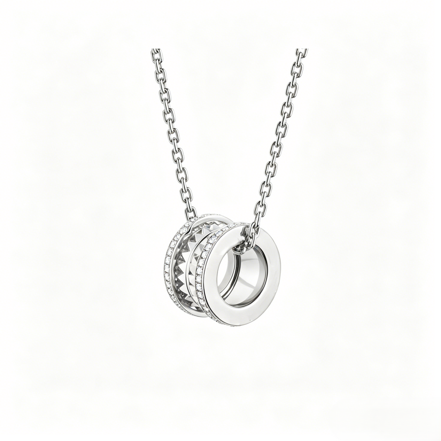 Bob Rollers Gear Necklace,Moissanite Pavé Stud Two-Ring | Yellow, Rose & White Gold — real photo 2