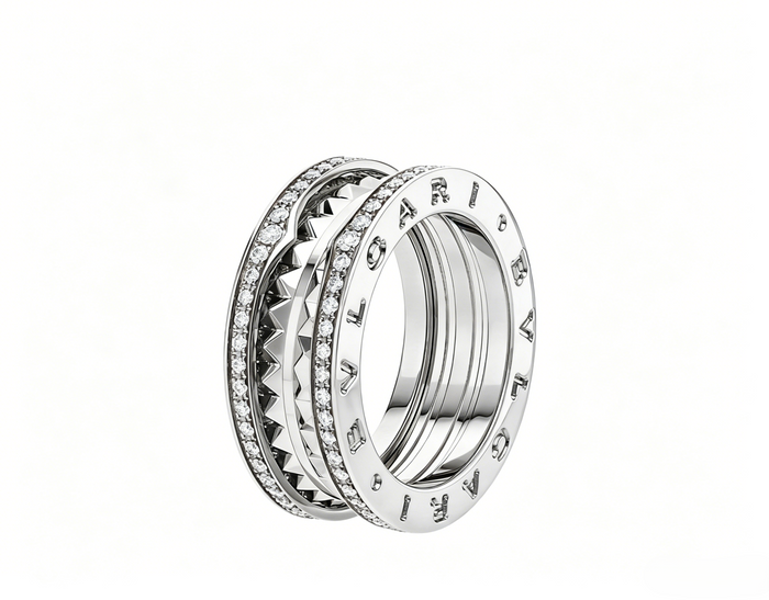 Bob Rollers Gear Ring |Yellow, Rose & White Gold  | Two rows of gear motifs — real photo 4